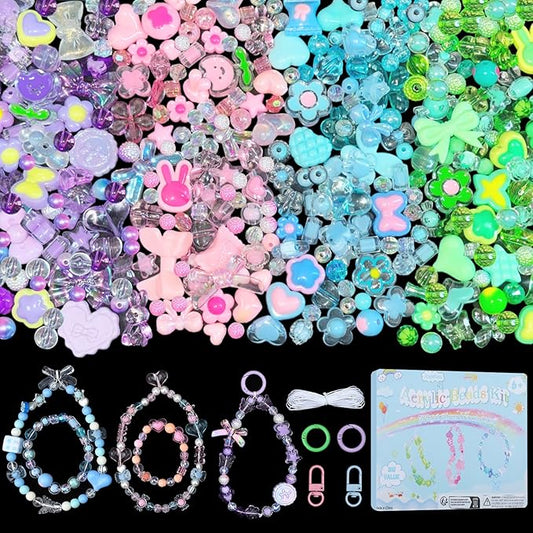 JoyJellies Bracelet Making Kit Assorted Acrylic Beads, 4 Colors Charms Keychain Making Kit with String Key Ring Clips Bow Heart Cute Beads for Bracelets DIY Arts and Crafts Jewelry Making Kits