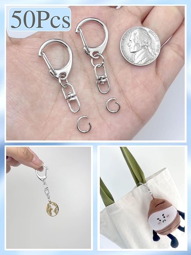50Pcs Lobster Claw Clasps for Keychain Clip, Swivel Snap Hooks Silver Key Chain Rings DIY Making Kit for Crafts
