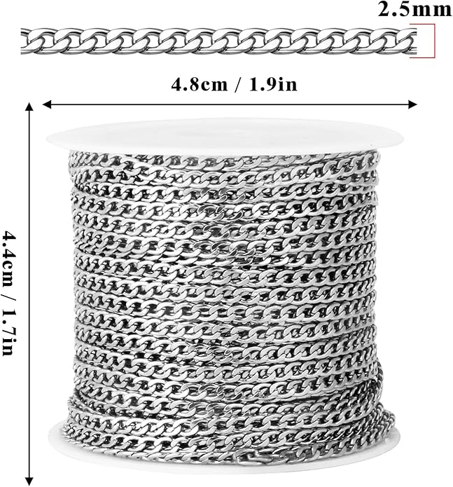 16.5 Ft Stainless Steel Curb Chains, 5mm 6mm 7mm 9mm Cuban Chain Roll Bulk for Jewelry Making