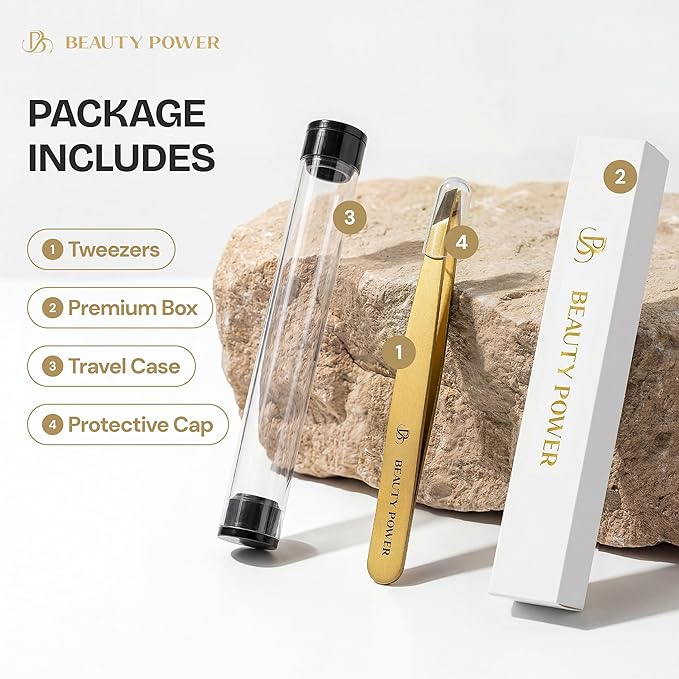 Beauty Power Ultra-Precision Professional Slant Tweezers for Women Facial Hair - German Stainless Steel, Lightweight Black Tweezers for Women & Men, Ideal for Eyebrow & Facial Grooming (Matte Gold)