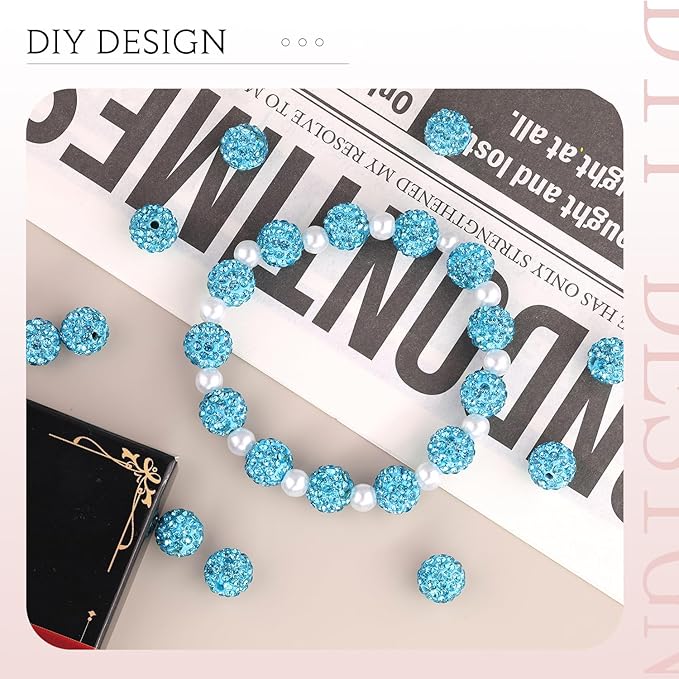 200 Pcs Aquamarine Rhinestone Beads for Jewelry Making, Sparkle Crystal Clay Christmas for Bracelet Baseball Necklace Earring Crafting and DIY, Shiny Round Shamballa Disco Ball Beads Bulk