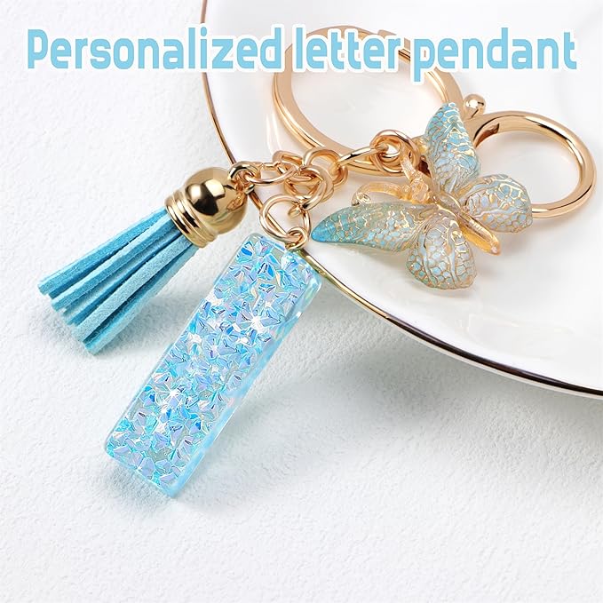 Initial letter Keychains for Women Girls Tassel Butterfly Cute Keychain for Wallet Backpack charm