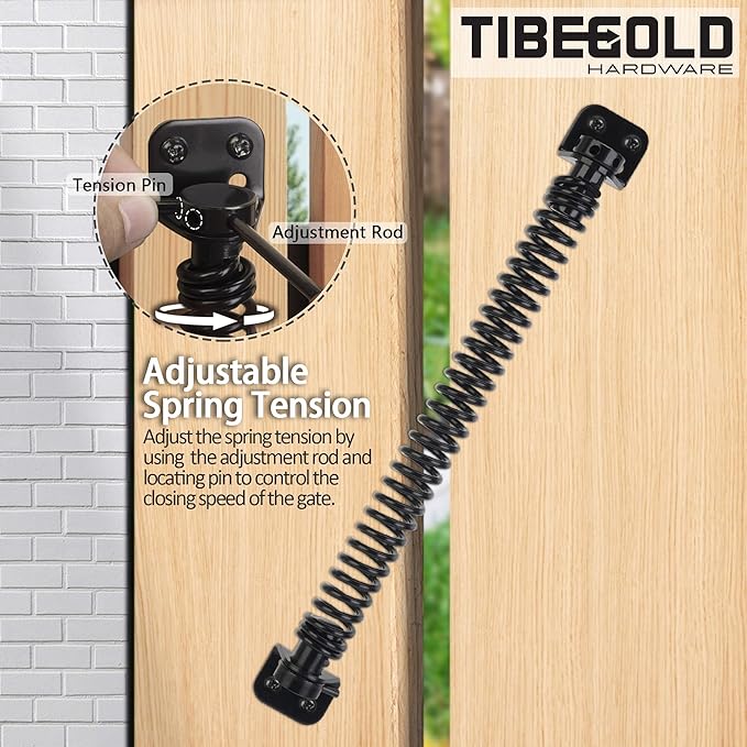11-1/2" Gate Spring Self Closing, Heavy Duty Black Door Closer Spring, Adjustable Tensioner Automatic Outdoor Gate Closure, Gate Spring Hardware for Wooden and Vinyl Fence, 2 Pack