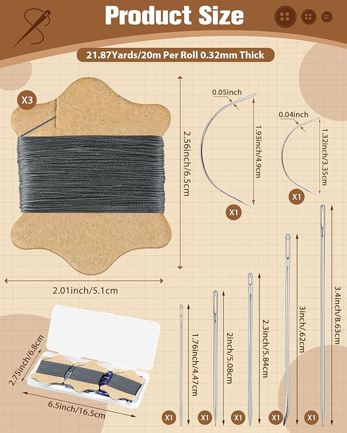 FIVEIZERO Upholstery Repair Sewing Kit, Leather Sewing Kit, 63 Yards Upholstery Thread& 7Pcs Heavy Duty Needles, Leather Thread, Curved Needles for Quilting & Hand Stitching (Grey)