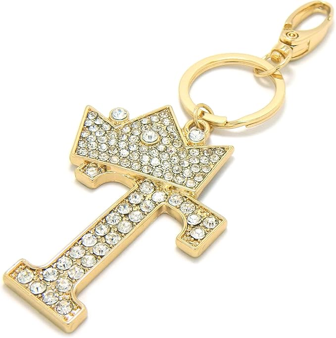 CBC Crown Crystal Rhinestone Letter Initial Keychain, Gold Metal, Bag Charm with Key Ring Approx. 2.17" x 2.56"