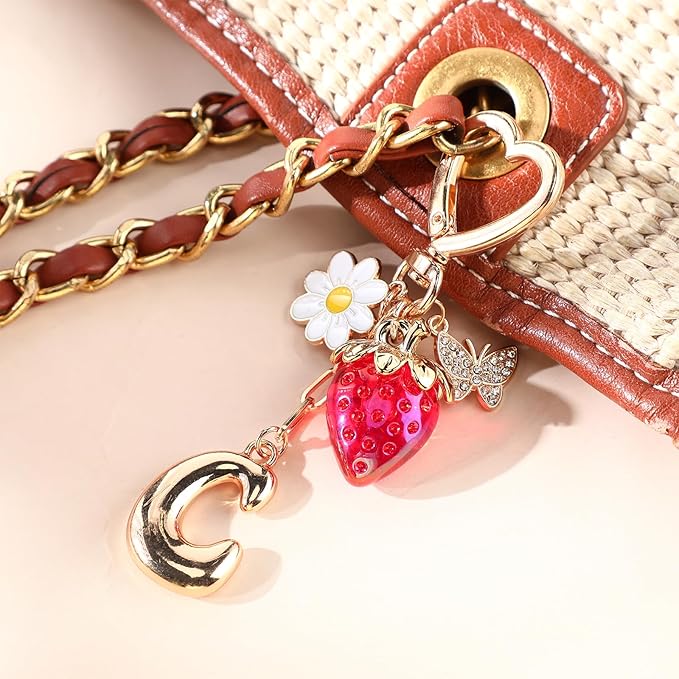 Strawberry Initial Keychain for Women-Cute Kawaii Gold Alphabet Bag Charms, Key chain Gift for Purse Handbag