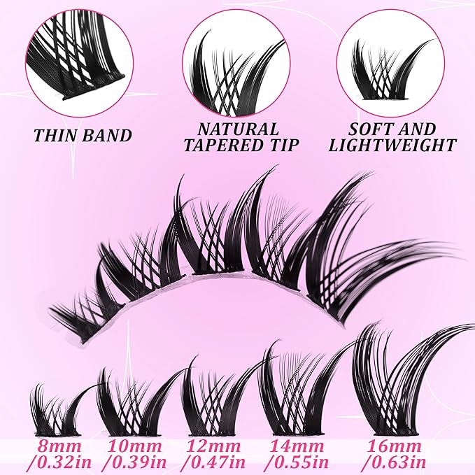 Volume Lash Clusters Kit Spiky Manga 8-16mm Natural Wispy Eyelash Clusters C/D Curl Eyelash Extension Kit Spiky Individual Lash Eyelash Clusters with 0.05mm Ultra-Thin Black Band