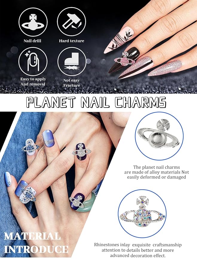 24Pcs Planet Nail Charms, CYHYII 3D Y2K Saturn Nail Art Charms Exquisite Rhinestones Gems Diamond Nail Accessories for Women Girls Nail Art Design DIY Craft Crystals Jewelry(6 Colors)