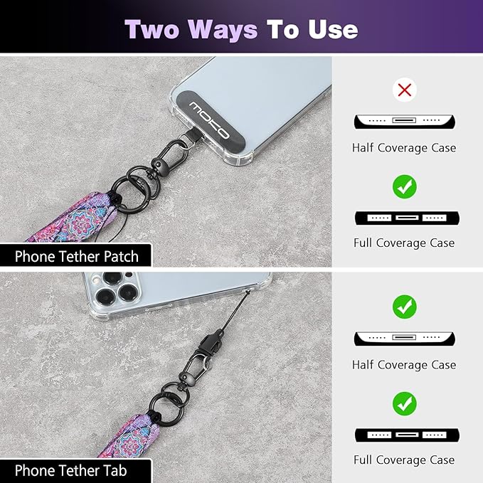 MoKo Boho Universal Phone Lanyard, Nylon Adjustable Cell Phone Crossbody Strap Detachable Women & Men Cellphone Lanyards Around the Neck with Patches for iPhone, Most Smartphones, Boho Colorful
