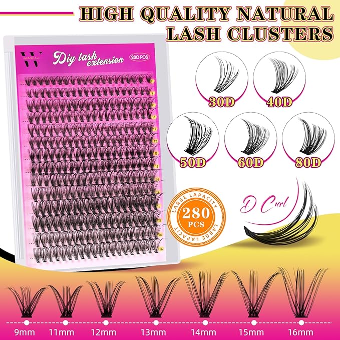 Lash Clusters 280PCS Individual Lashes D Curl Eyelash Clusters Mixed Length Cluster Eyelash Extensions Clusters Lashes with Thin Band Soft False Eyelashes DIY at Home(30D,D-Mix9-16mm)