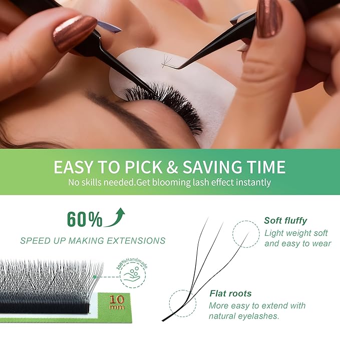 GLAMLASH W Eyelash Extensions 3D Volume Premade Fan Natural Soft Matte Lash Professional Salon Supplies (3D,0.07,D,9mm)