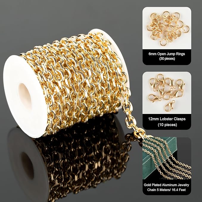 UMAOKANG 16.4 Feet Gold Plated Cable Chains Bulk Lightweight Aluminum Chain for Jewelry Making Diamond Cut Cable Link Chain Necklace Bracelet DIY for Women and Men