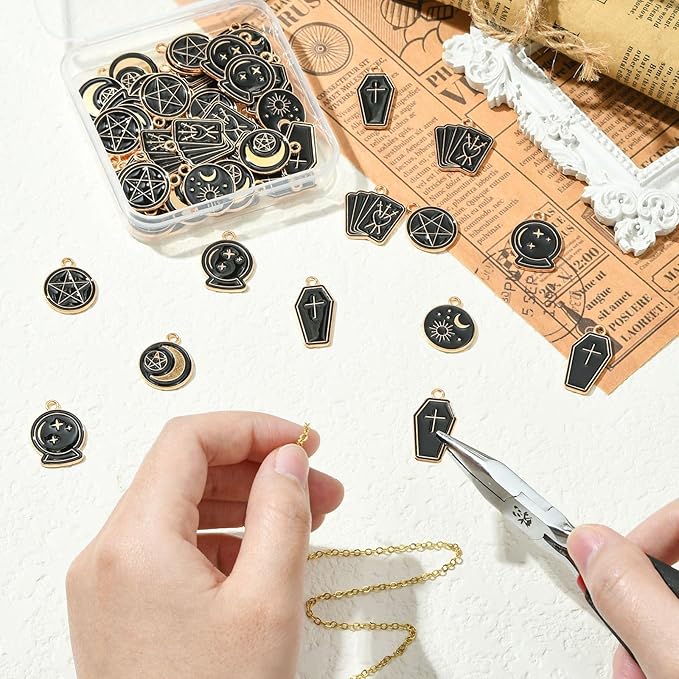 Stiesy 60 Pcs 6 Styles Enamel Black Gold Gothic Tarot Card Divination Card Magic Amulet Metal Charms Bulk for Jewelry Making DIY Necklace Bracelet Earrings Crafts