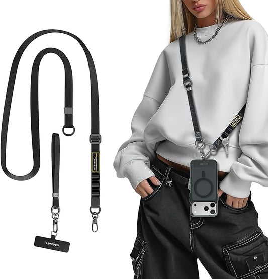 MAGEASY 2-IN-1 Cell Phone Lanyard Crossbody + Wrist Strap with Phone Tether Tab & Accessory Loop & Keychain Compatible with iPhone Most Smartphones | Click and Go Strap for Travel Anti Theft (Black)
