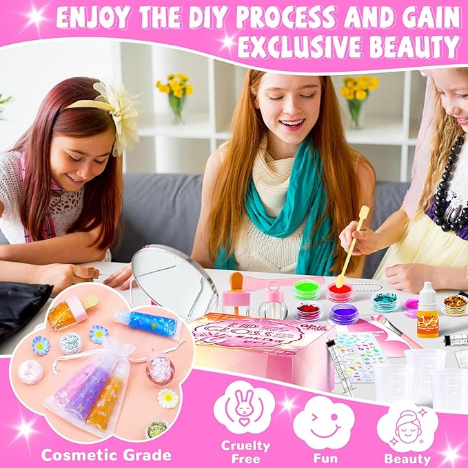 WhizToys DIY Lip Gloss Making Kit 74Pcs Beginner Make Your Own Makeup Kit with Squeeze Empty Tubes,Clear Base,Pigment,Birthday, Christmas Gift for Women