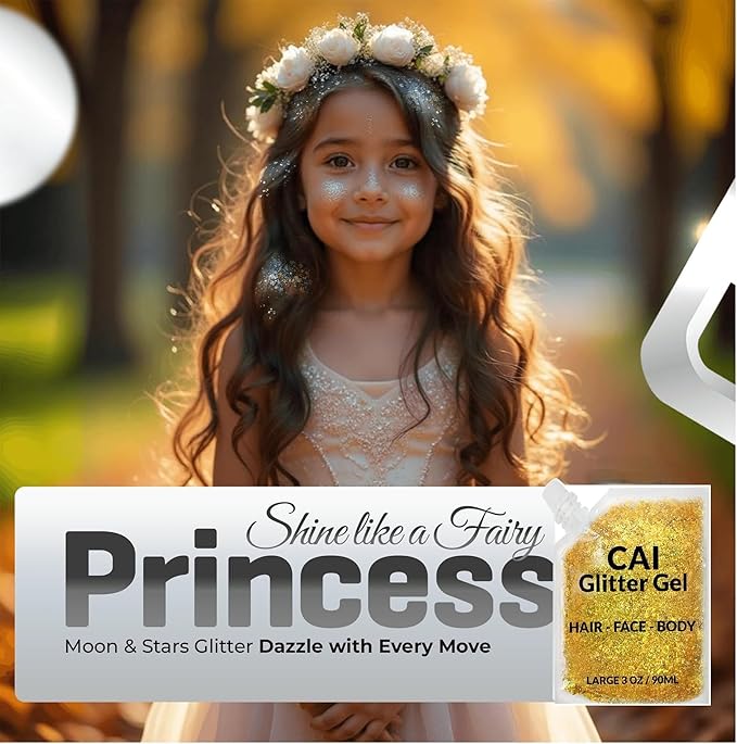 Face, Body & Hair Glitter Gel – Halloween Glitter for Kids and Women – 3 Oz Cosmetic-Grade Gel w/Moon & Stars for Festivals & Halloween Party, Easy Apply & Wash Off - Gold 1Pack