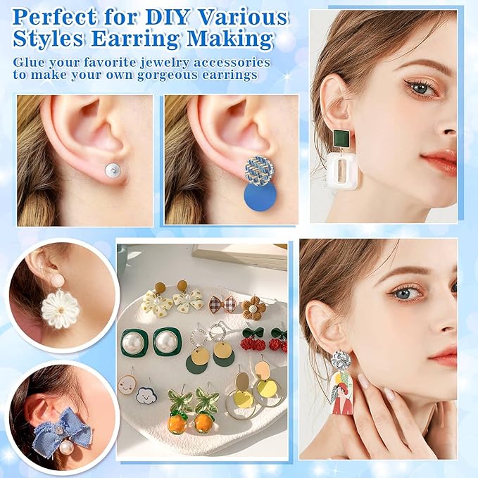 Evatage Multipurpose Adhesive Jewelry Glue with 1002Pcs Stainless Steel Earring Posts and Backs, Silver Stud Posts with Butterfly and Rubber Bullet Earring Backs for Jewelry Making Supplies Kit