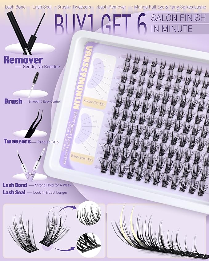 Short Wispy Lash Clusters Kit with Remover Natural Eyelashes Clusters C Curl Cluster Eyelash Extensions DIY Individual Lashes 8-16mm Eyelash Extension Kit with Waterproof Lash Cluster Glue with Brush