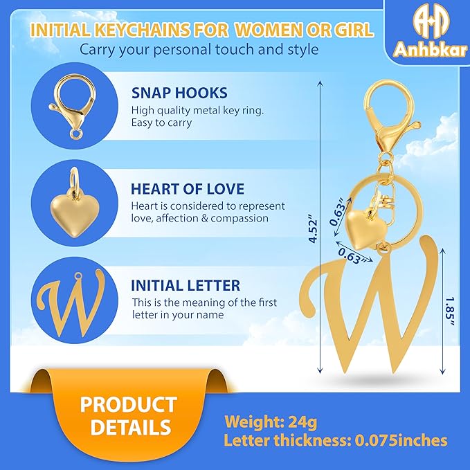 A-Z Heart Initial Letter Keychain, Stainless Steel Alphabet Charm for Handbags, Gift for Women and Girls