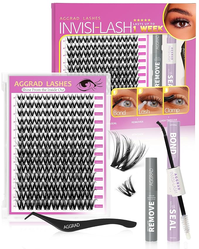 Flora Lash Clusters Kit Wispy Fluffy 8-18mm Hybrid Volume Eyelashes Cluster Extension Kit D Curl Individual DIY False Lash Extension Kit with Lash Bond and Seal, Thin Invisible Black Lash Band