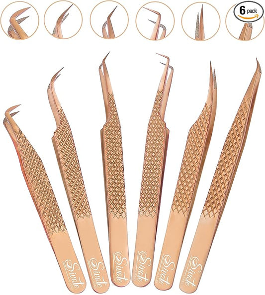 SIVOTE Eyelash Extension Tweezers Fiber Tips, Set of 6, Curved, Dolphin, 90 Degree 45 Degree, Volume Boot & Slight Curved Tweezer, Rose Gold