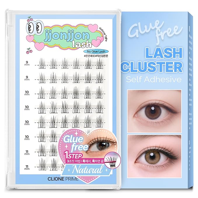 CLIONE PRIME Korean Self Adhesive Lash Clusters Natural Look No Glue Press On Pre Bond Lash Clusters Fluffy Self Adhesive False Eyelashes No Glue Needed Reusable Wispy Eyelash Extensions