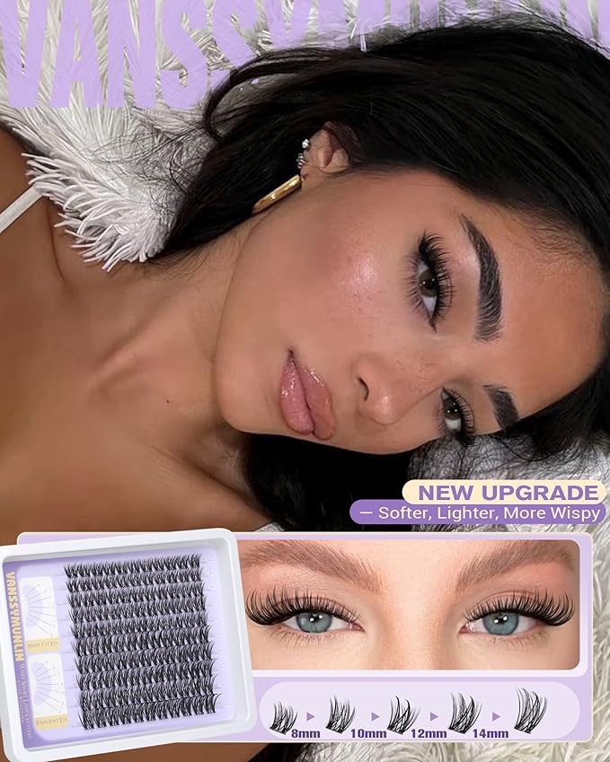 Wispy Lash Clusters Kit with Remover Natural Eyelashes Clusters Short C Curl Cluster Eyelash Extensions Lightweight Individual Lashes DIY Eyelash Extension Kit with Waterproof Lash Cluster Glue 8-16mm