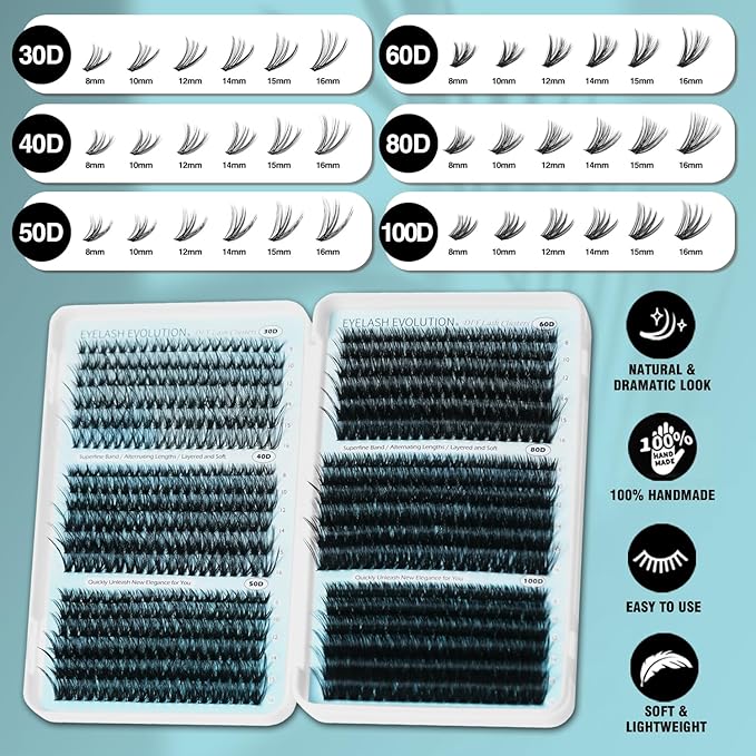 EASITENSION DIY 30-100P Lash Extension Kit Bond and Seal Tweezers Individual Volume Lash Clusters C Curl clut Individual Lashes Lash Clusters Kit Thick Eyelash Extension Kit 708pcs Thin Band