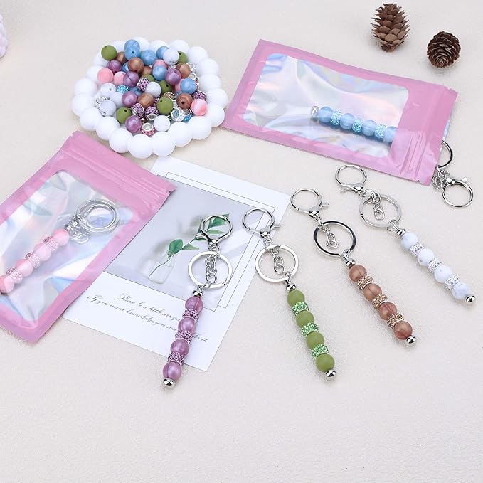 SUIMZESTI 109 Pcs Beadable Keychains Bars Set, Bulk Keychain Making Kit with Spacer Silicone Beads for Keychains Making Accessories for Womens DIY Crafts Gifts