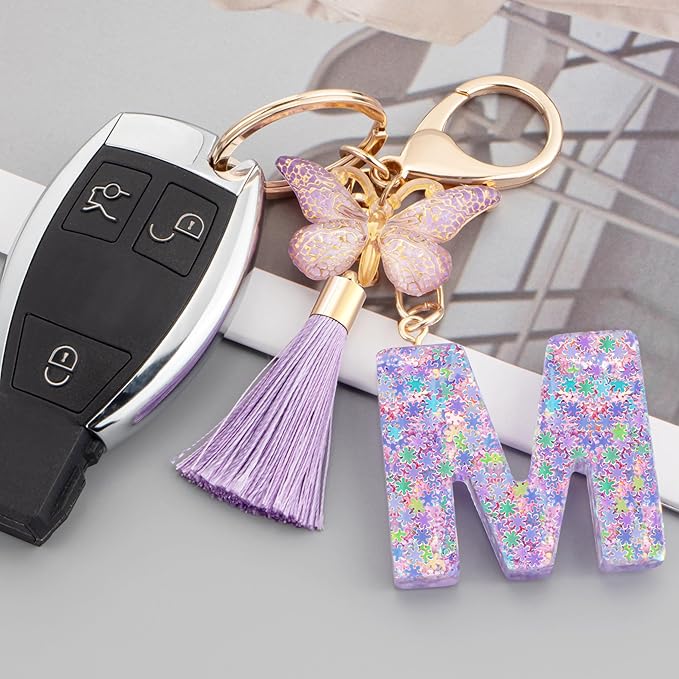 Suweibuke Cute Pink Key Chains for Women Girls, Initial Letter Keychains with Tassel, Charms for Key Purse Handbags Backpacks