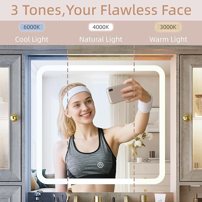 Vanity Desk with Mirror & Lights, Makeup Vanity with Power Outlet & USB Ports, Farmhouse Dressing Table, 6 Drawers & 4 Storage Cabinets, RGB Cabinet Lighting, 3-Color Dimmable Mirror