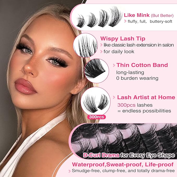 Goddvenus Fluffy Lash Clusters Kit Thick 100-150-200D Volume Eyelash Clusters Kit 10-16mm Wispy Individual Lashes Kit D Curl Cluster Eyelash Extensions 300pcs DIY Lash Extension for Beginners
