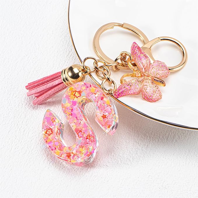 Initial letter Keychains for Women Girls Tassel Butterfly Cute Keychain for Wallet Backpack charm