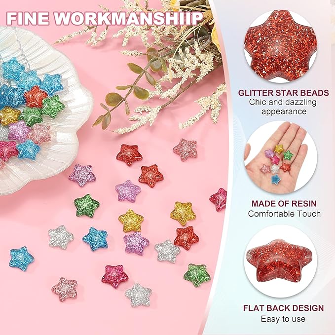 PATIKIL 60 Pcs Flat Back Resin Charms, Glitter Star Charms Bulk Mini Star Shape Flat Back Beads Embellishments for DIY Crafts Phone Case, Red