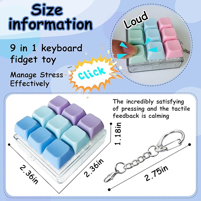 2 Pack 9 in 1 Keyboard Fidget Toy, Keyboard Fidget Keychain Anti-Stress Keyboard Decompression Button Finger Clicker Toys Stress Relief Fidget Gifts (Purple,Pink)