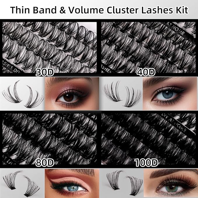 Lash Clusters 320pcs Lash Extension Kit 30D 40D 80D 100D Individual Lashes Kit 12-20mm Eyelash Extension Kit with Lash Bond+Seal,Lash Remover and Lash Tweezers for Easy Use(30/40/80/100D-0.07D Kit)