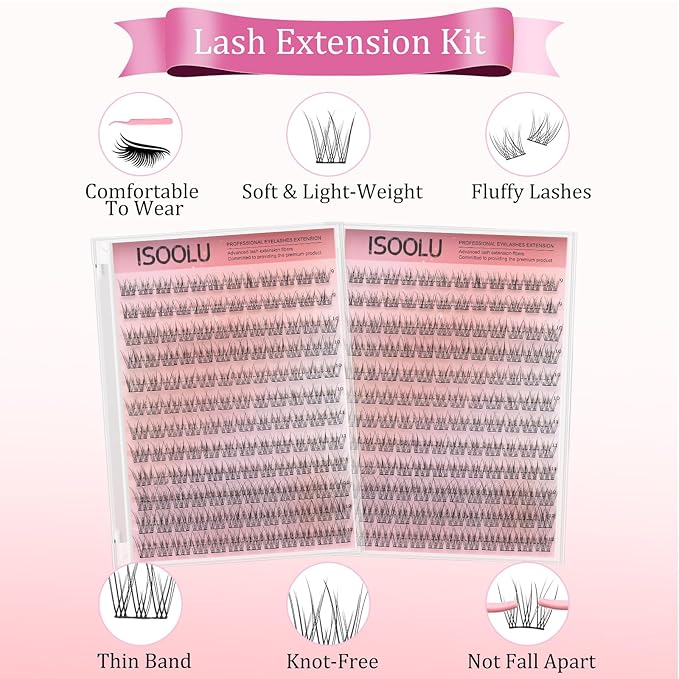 ISOOLU Fairy Lash Clusters Manga Individual Lashes C Curl Wispy Eyelash Clusters WideSpan Eyelash Extension Kit with Lash Bond and Seal Wet-Look Spiky Cluster Lashes (Fishtail kit)