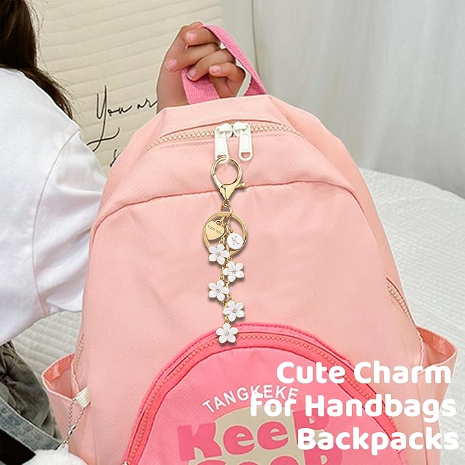 Suweibuke Cute Initial Letter Keychain with Love You Heart, Enamel Flower Charm for Key Handbag Backpack - Women Girls Gifts
