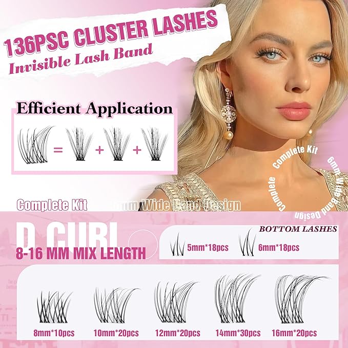 ALICE Lash Clusters Kit Clear Band Natural Lash Extensions Kit 5-16mm Wispy Cluster Eyelash Extension DIY Invisible Band Individual Cluster Lashes with Bottom Lash Bond and Seal Waterproof