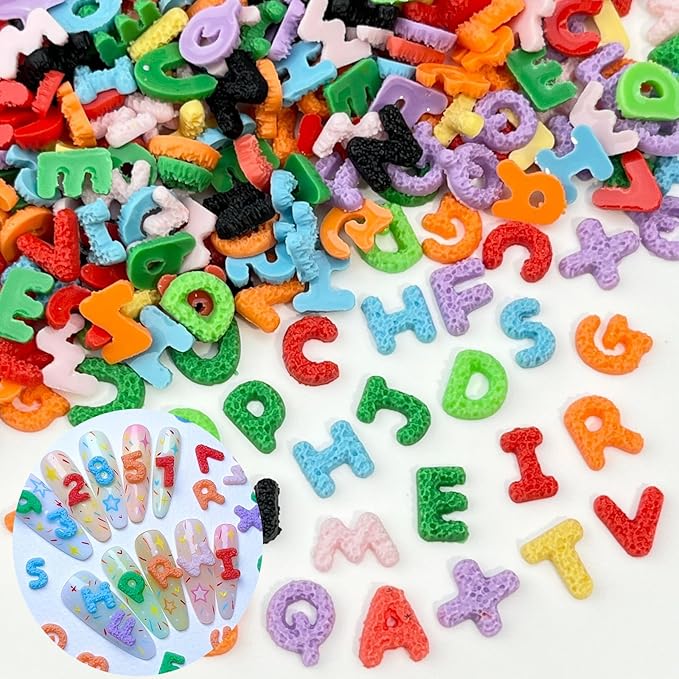 200 Pcs Letter Nail Art Charms, CYHYII 3D Mixed Candy Colorful Letter Resin Nail Rhinestones Nail Gems DIY Manicure Nail Decoration Accessories for Women Girls