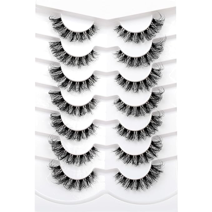 Pooplunch Fake Eyelashes Faux Mink Lashes Strips Cat Eye Wispy Volume Lashes D-Curly Clear-Band Natural 8D Extension Wispies 7 Pairs Pack
