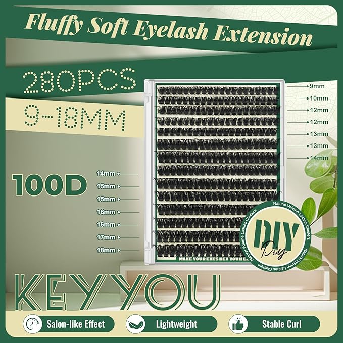Lash Clusters 280Pcs Eyelash Clusters KEYYOU 100D D Curl 9-18MIX Clusters Lashes Thick Super Soft Wispy DIY Eyelash Extension at Home(100D-D,9-18MIX)