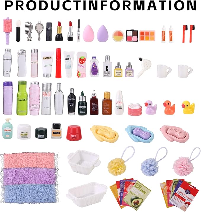 DIYDEC 75Pcs Dollhouse Mini Jewelry Storage Case Miniature Bathroom Accessories Figurines with Makeup Set Towel Cosmetic Toothbrush Shampoo Perfume Hair Dryer Comb Purse Doll Backpack Micro Scene