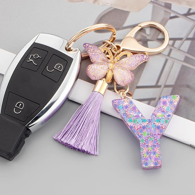 Suweibuke Cute Pink Key Chains for Women Girls, Initial Letter Keychains with Tassel, Charms for Key Purse Handbags Backpacks