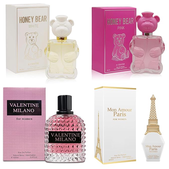 A CENTER 4PCS Perfume Set for Women - Floral Fragrance Gift Set with Vanilla,Sweet Fruity, Eau De Parfume| 3.4 Fl Oz Each Women's Cologne(Valentine Milano,Mon Amour Paris,Honey Bear Pink/White)