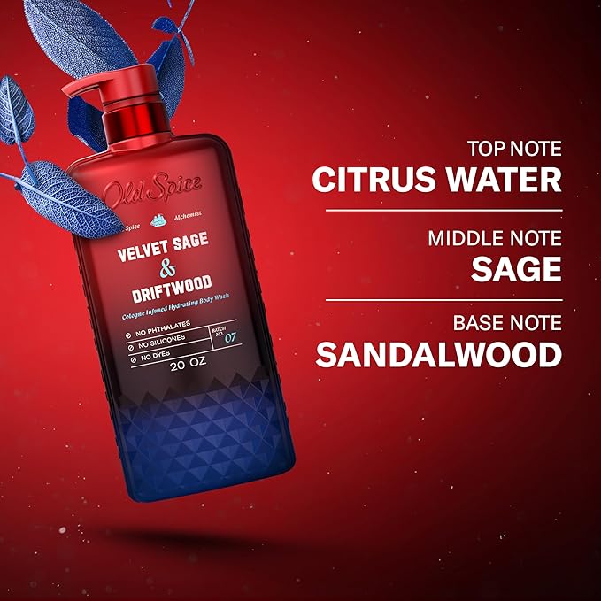 Old Spice Body Wash for Men, The Spice Alchemist Collection, 24/7 Cologne Infused Hydration, No Trade Off Formula, Free of Phthalates Silicones & Dyes, Velvet Sage + Driftwood Scent, 20 oz