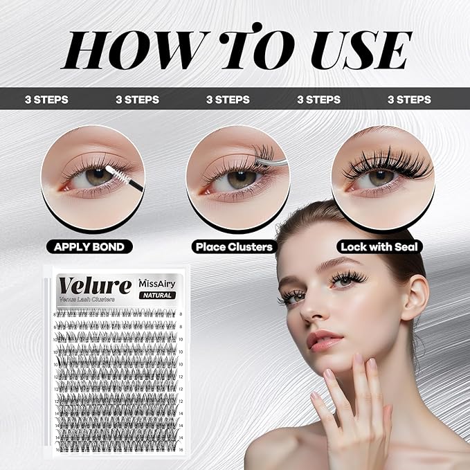 Velure Lash Clusters Eyelash Extensions Natural Lashes Individual Lash Clusters 8-16MM Eyelash Clusters Natural with Invisible Band Venus D Curly Individual Lashes by MissAiry(Velure 8-16MM)