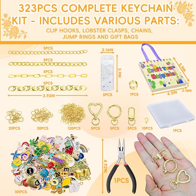 VvLons 323Pcs Keychain Making Kit, Lip Gloss Keychain Making Kit Including 101 Charms 15 Clips 20 Extender Chain, Jewelry Making Kit for Bags Keychains Christmas Gifts Craft Supplies