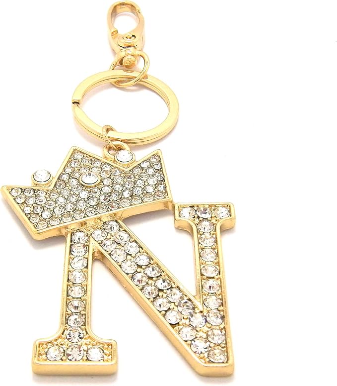CBC Crown Crystal Rhinestone Letter Initial Keychain, Gold Metal, Bag Charm with Key Ring Approx. 2.17" x 2.56"