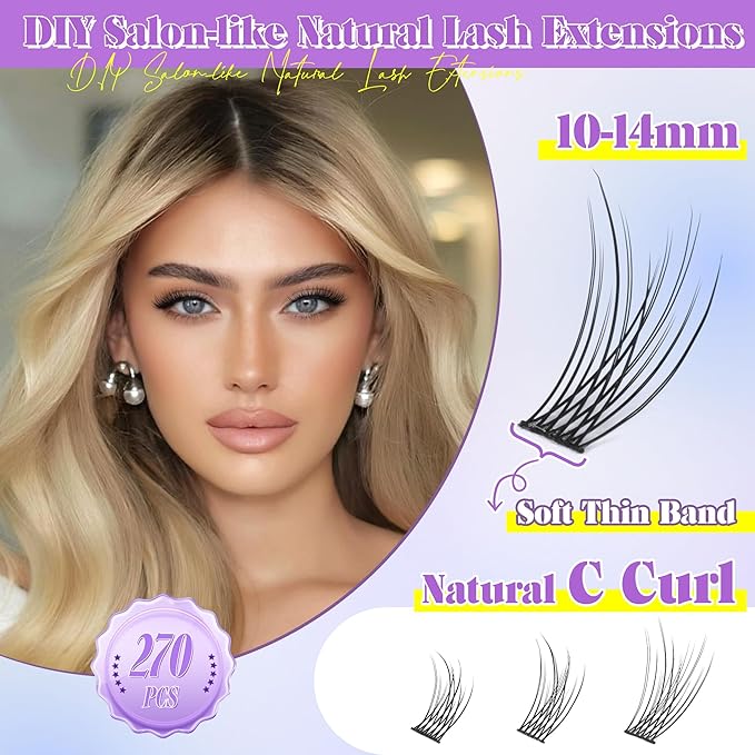 ALICE Natural Lash Clusters Kit Wispy Lash Extension Kit Thin Band Cluster Eyelash Extension Kit 270pcs C-Curly 10-14mm Individual Lashes with Lash Glue Bond and Seal Self Application at Home